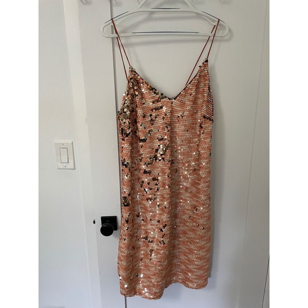 Violeta by Mango Sequin Slip Dress Coral Gold‎ Sparkle V Neck Mini Party